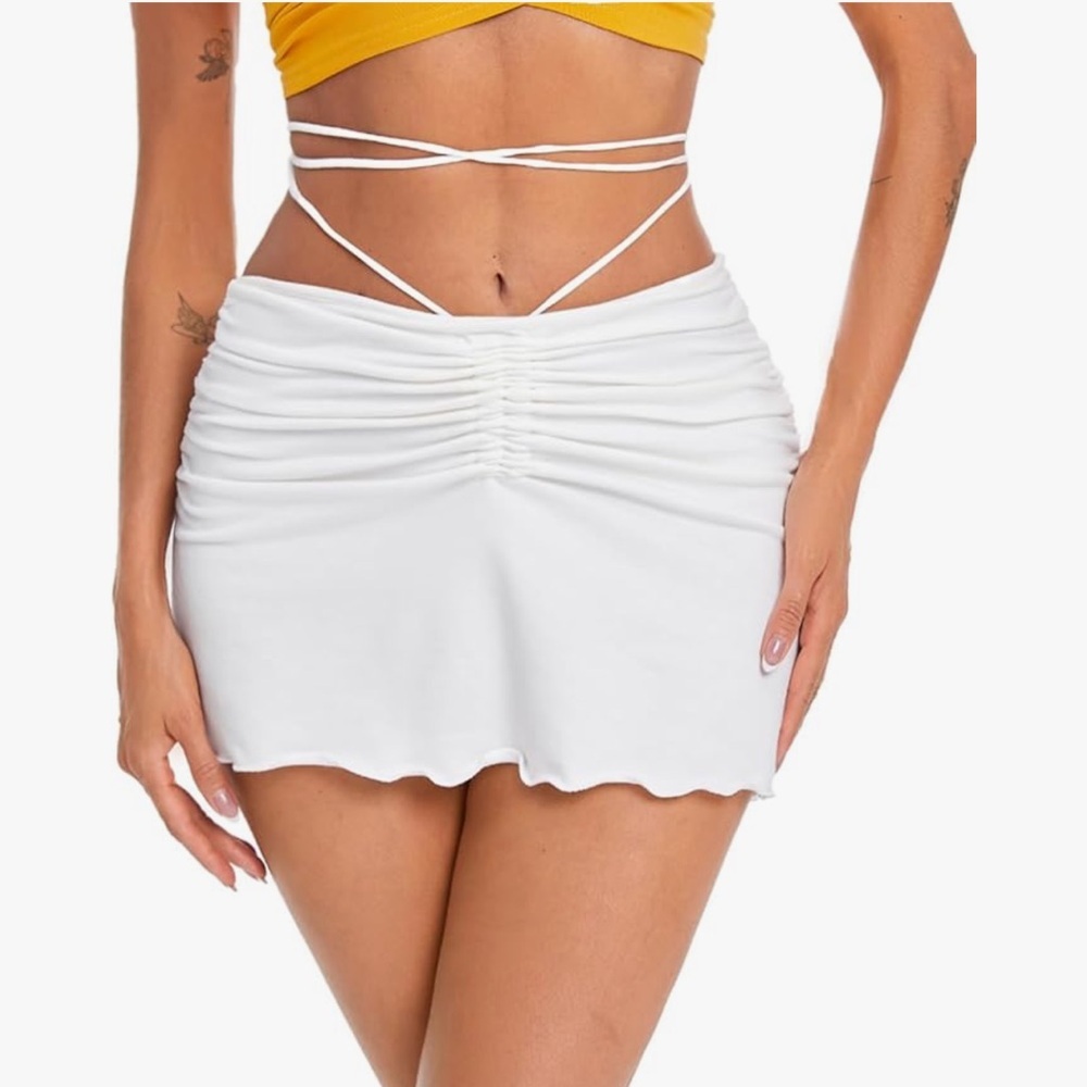 Drawstring Ruched mini skort / mini skirt | S | white | NEW - Picture 7 of 9